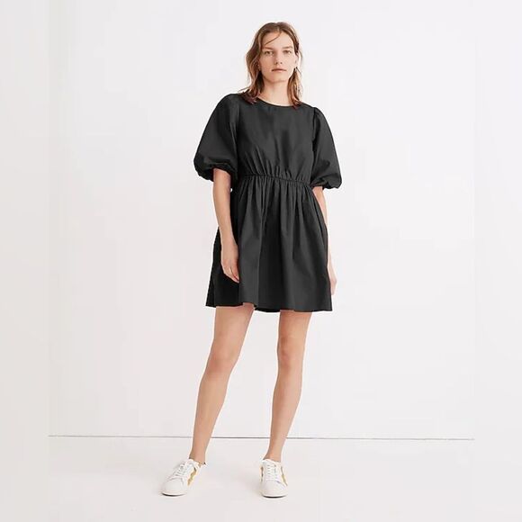 NWT Madewell Poplin Crewneck Bubble-Sleeve Mini Dress in True Black - Picture 1 of 6